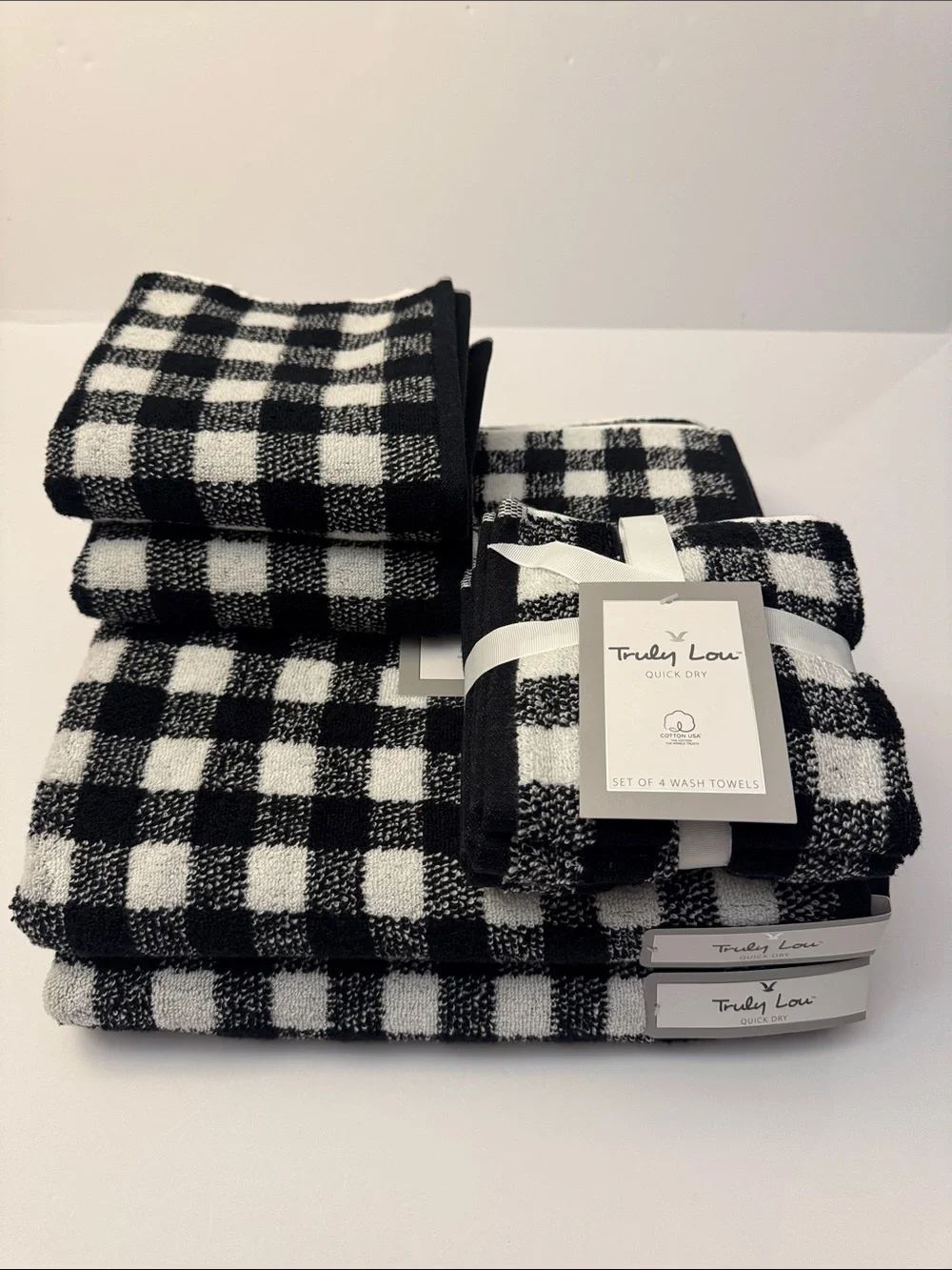 8pc TRULY LOU Quick Dry 💯% Cotton Black and White Checkered Bath Towel Set